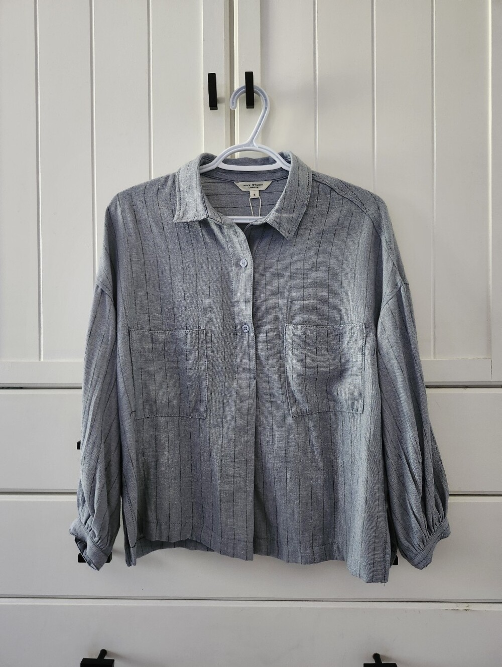 Max Studio Womens Gray Striped Casual Button-Down Shirt Sz S/M